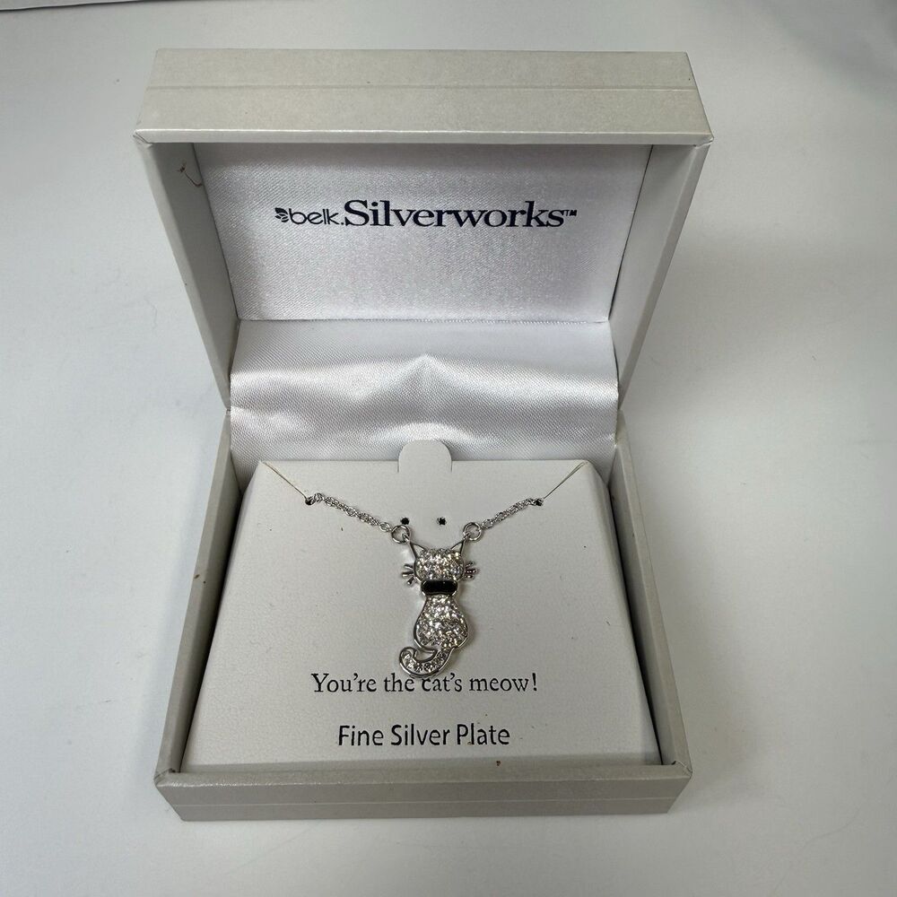 Belk Silverworks Fine Silver Plated Crystal Pave Cat Pendant Dainty Necklace New
